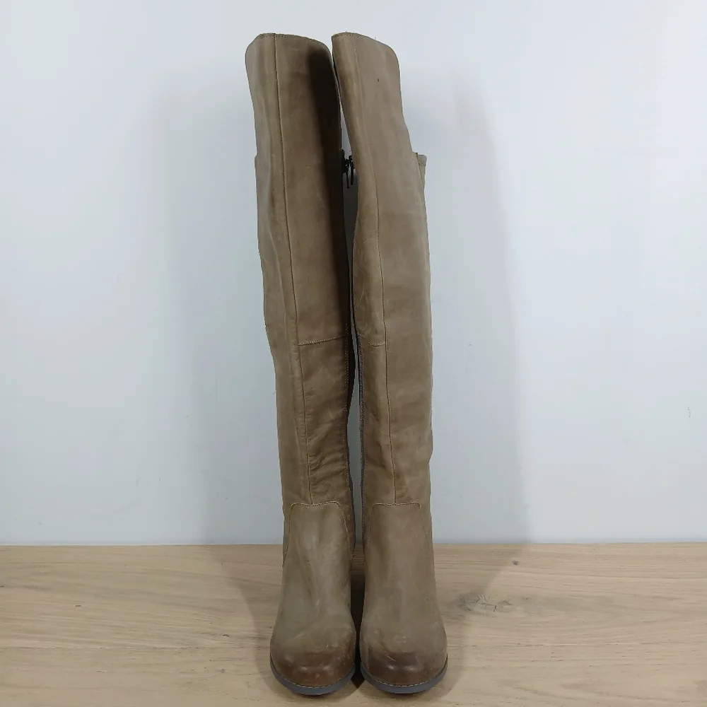 Joyfolie Grayson Tan Brown Leather Over the Knee‎ Stretch Block Heel Boots 1579
